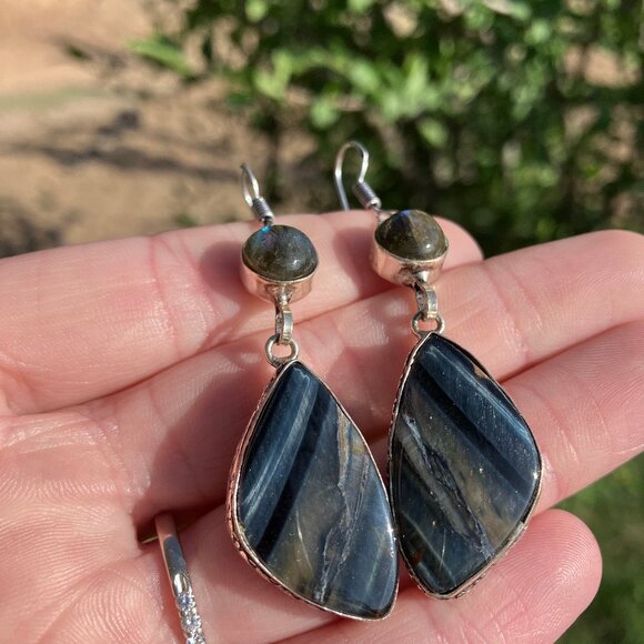 Labradorite and Blue Tigers Eye Hawk Eye Earrings Stone Crystal Jewelry - Picture 9 of 11